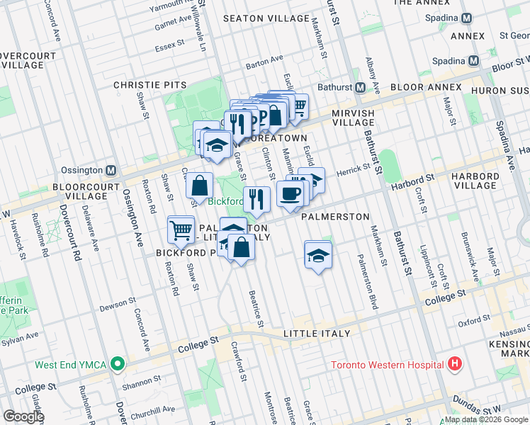 map of restaurants, bars, coffee shops, grocery stores, and more near in Toronto
