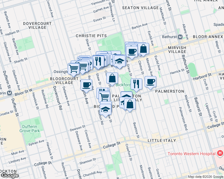 map of restaurants, bars, coffee shops, grocery stores, and more near in Toronto