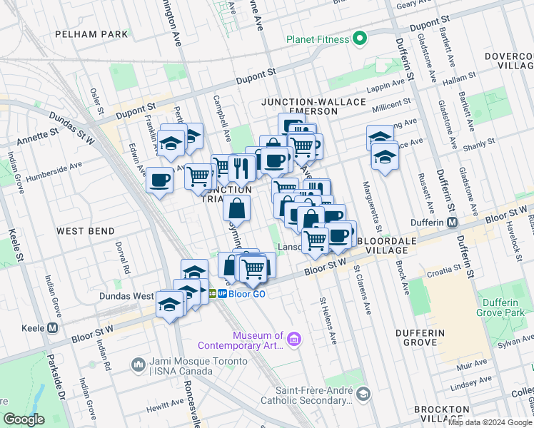 map of restaurants, bars, coffee shops, grocery stores, and more near in Toronto