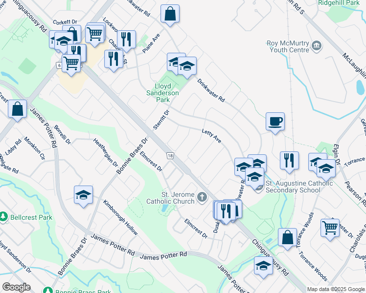 map of restaurants, bars, coffee shops, grocery stores, and more near 30 Mannel Crescent in Brampton