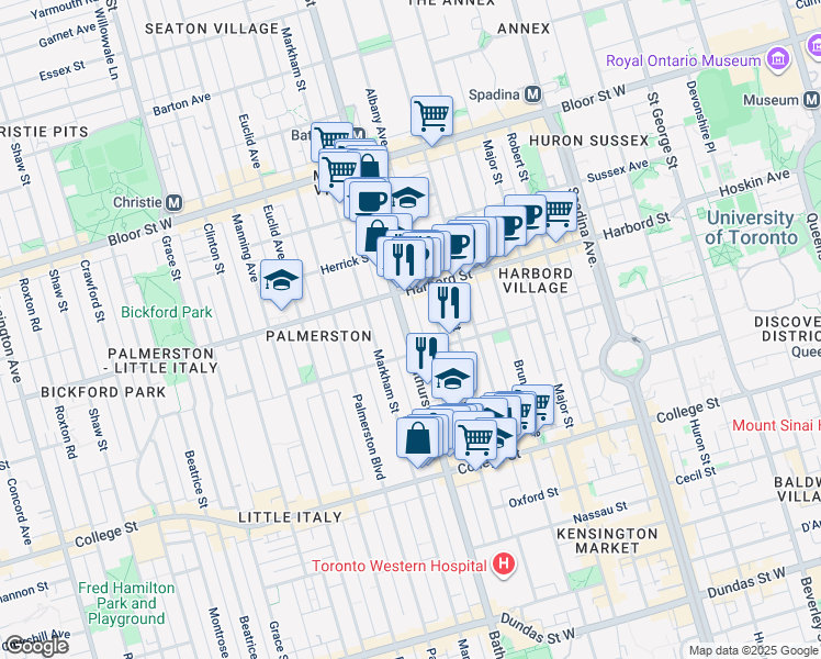 map of restaurants, bars, coffee shops, grocery stores, and more near 639 Bathurst Street in Toronto