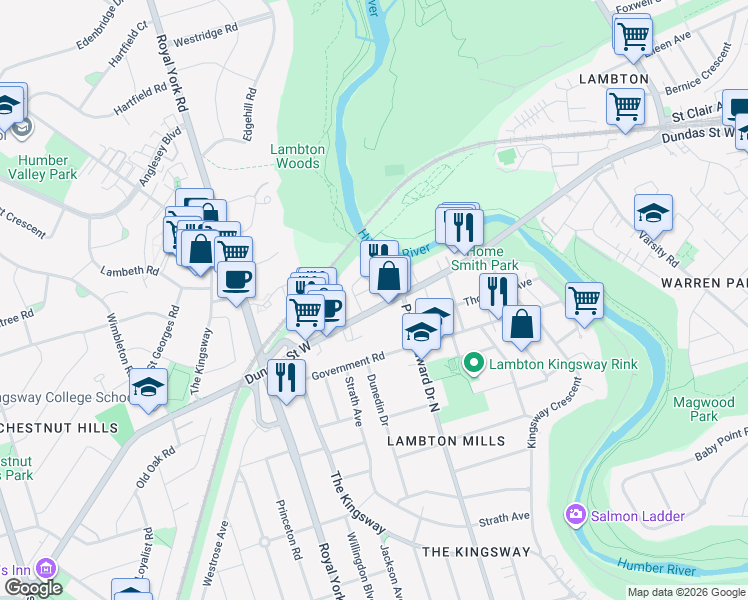 map of restaurants, bars, coffee shops, grocery stores, and more near 4210 Dundas Street West in Toronto