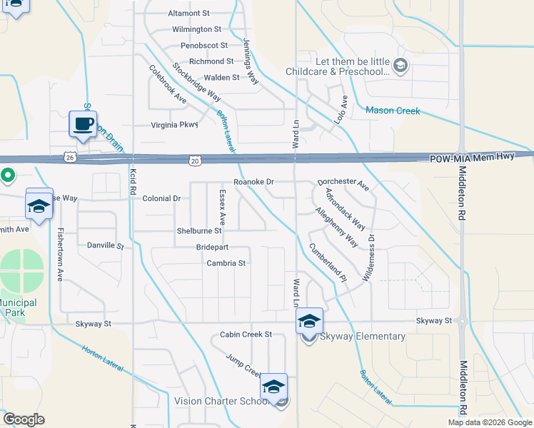 map of restaurants, bars, coffee shops, grocery stores, and more near 19820 Montclair Way in Caldwell