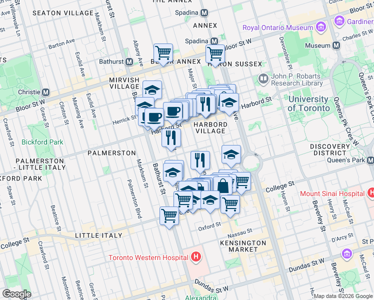 map of restaurants, bars, coffee shops, grocery stores, and more near 46 Ulster Street in Toronto