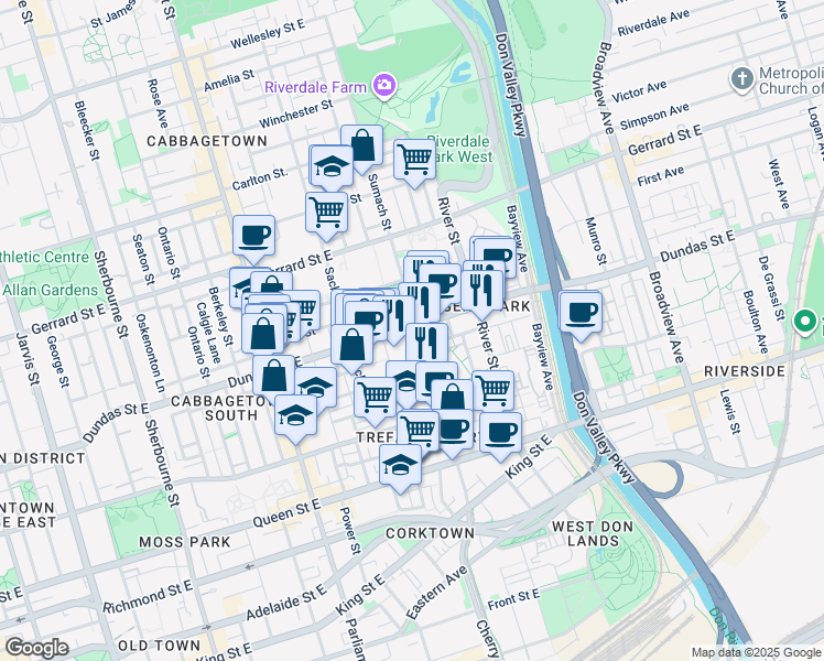 map of restaurants, bars, coffee shops, grocery stores, and more near 190 Sumach Street in Toronto