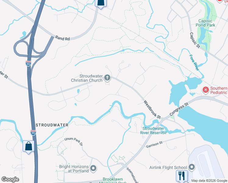 map of restaurants, bars, coffee shops, grocery stores, and more near 57 Partridge Circle in Portland