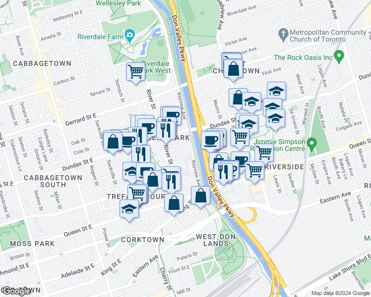 map of restaurants, bars, coffee shops, grocery stores, and more near 21 Defries Street in Toronto