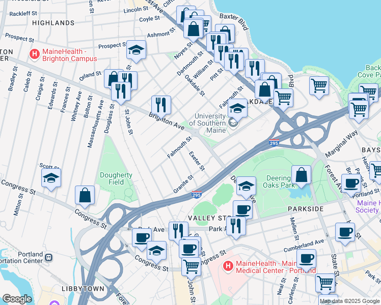 map of restaurants, bars, coffee shops, grocery stores, and more near 58 Exeter St in Portland