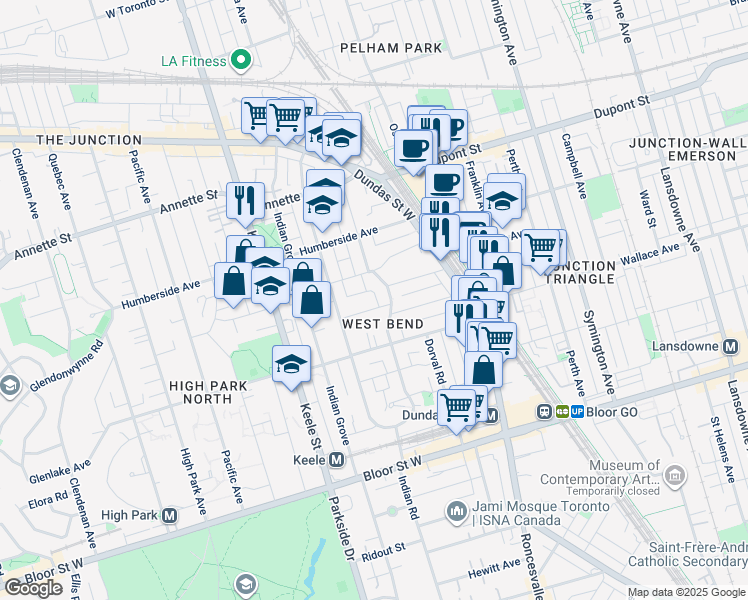 map of restaurants, bars, coffee shops, grocery stores, and more near 76 Abbott Avenue in Toronto