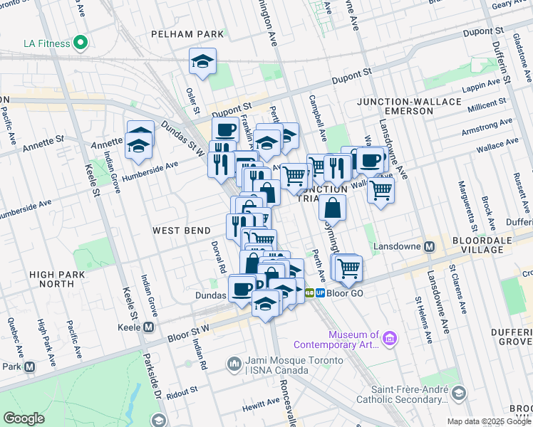 map of restaurants, bars, coffee shops, grocery stores, and more near 371 Wallace Avenue in Toronto