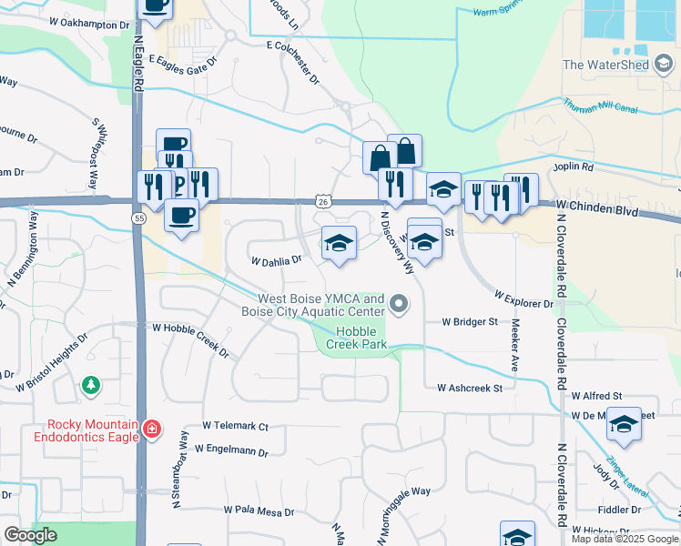 map of restaurants, bars, coffee shops, grocery stores, and more near 6100 North Park Meadow Way in Boise