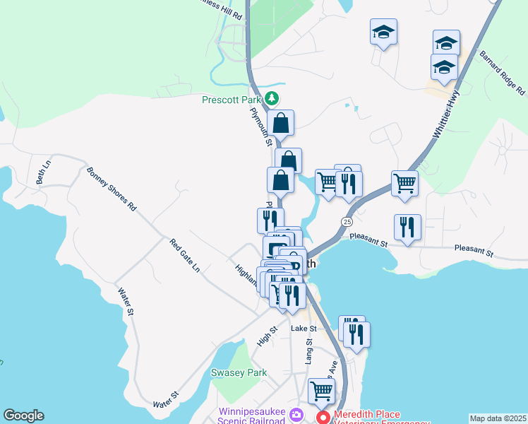 map of restaurants, bars, coffee shops, grocery stores, and more near 40 Plymouth Street in Meredith
