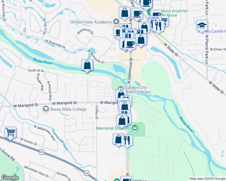 map of restaurants, bars, coffee shops, grocery stores, and more near 6015 North Glenwood Street in Garden City