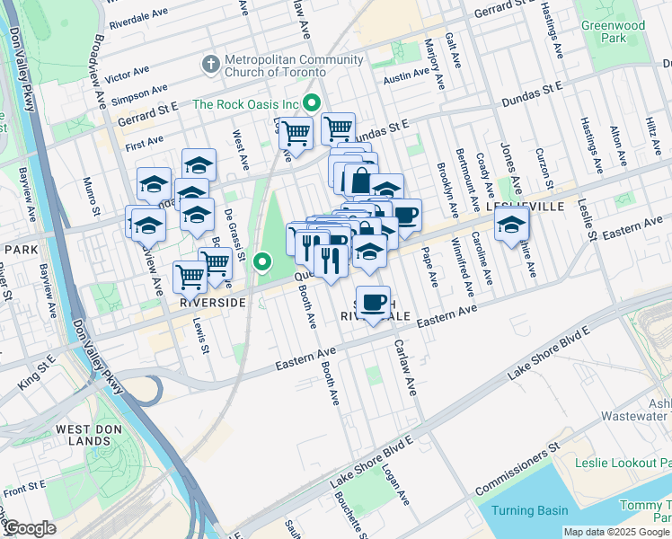 map of restaurants, bars, coffee shops, grocery stores, and more near 901 Queen Street East in Toronto