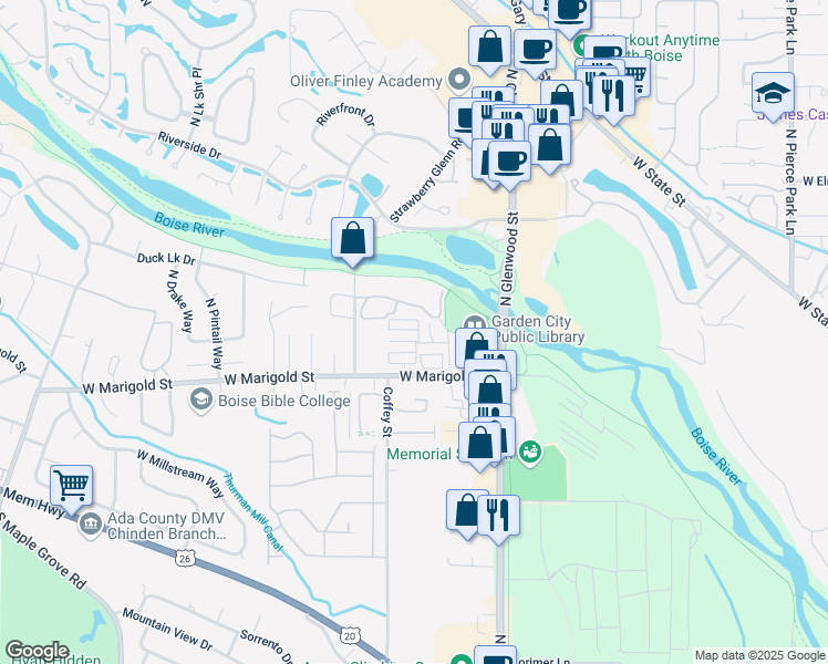 map of restaurants, bars, coffee shops, grocery stores, and more near 8114 North Point Bar Lane in Garden City