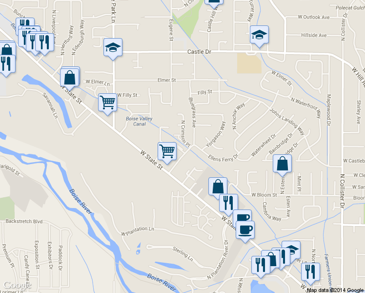 map of restaurants, bars, coffee shops, grocery stores, and more near 5916 West Port Lane in Boise