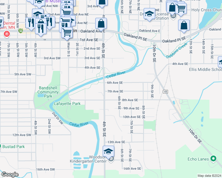 map of restaurants, bars, coffee shops, grocery stores, and more near 509 7th Avenue Southeast in Austin