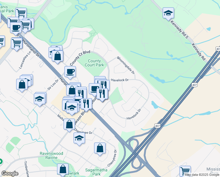 map of restaurants, bars, coffee shops, grocery stores, and more near 100 County Court Boulevard in Brampton