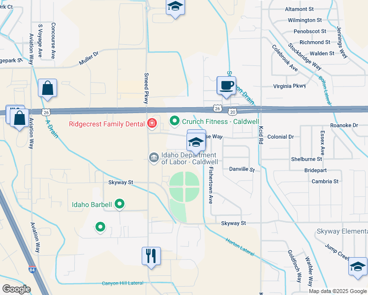 map of restaurants, bars, coffee shops, grocery stores, and more near 1118 Adam Smith Avenue in Caldwell