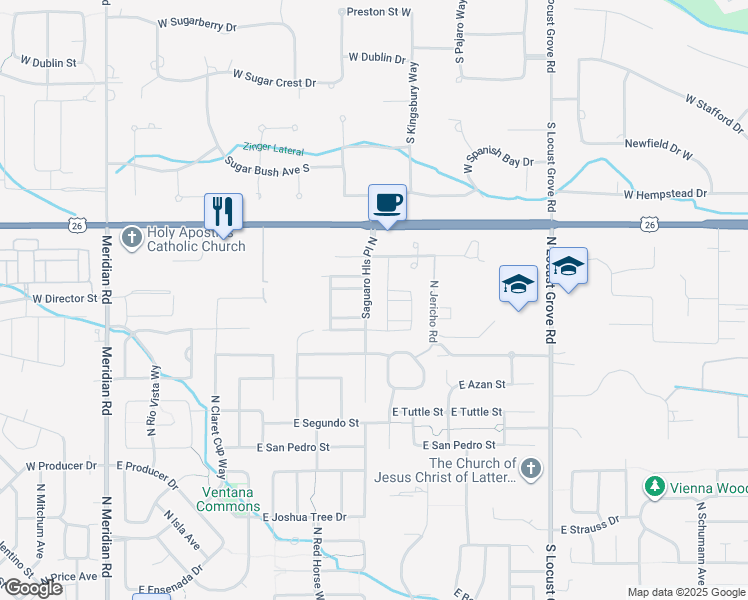 map of restaurants, bars, coffee shops, grocery stores, and more near 6136 North Saguaro Hills Avenue in Meridian