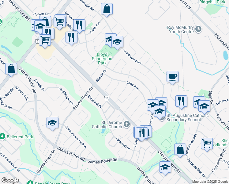 map of restaurants, bars, coffee shops, grocery stores, and more near 30 Mannel Crescent in Brampton