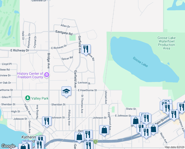 map of restaurants, bars, coffee shops, grocery stores, and more near 1316 Fairlane Terrace in Albert Lea