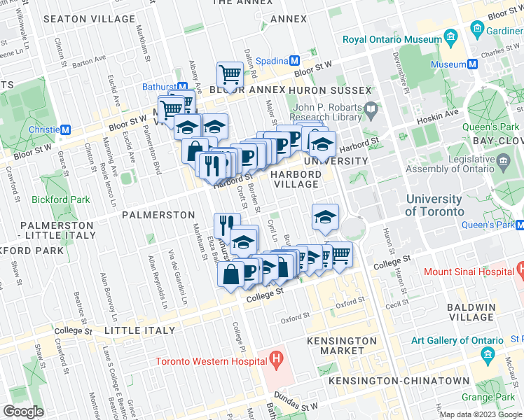 map of restaurants, bars, coffee shops, grocery stores, and more near 48 Ulster Street in Toronto