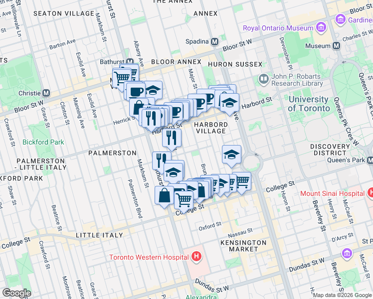 map of restaurants, bars, coffee shops, grocery stores, and more near 48 Ulster Street in Toronto