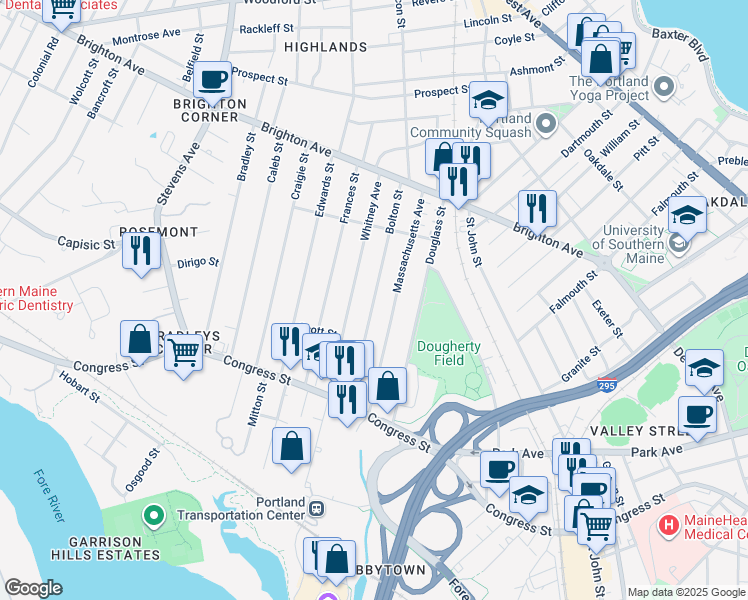 map of restaurants, bars, coffee shops, grocery stores, and more near 95 Bolton St in Portland