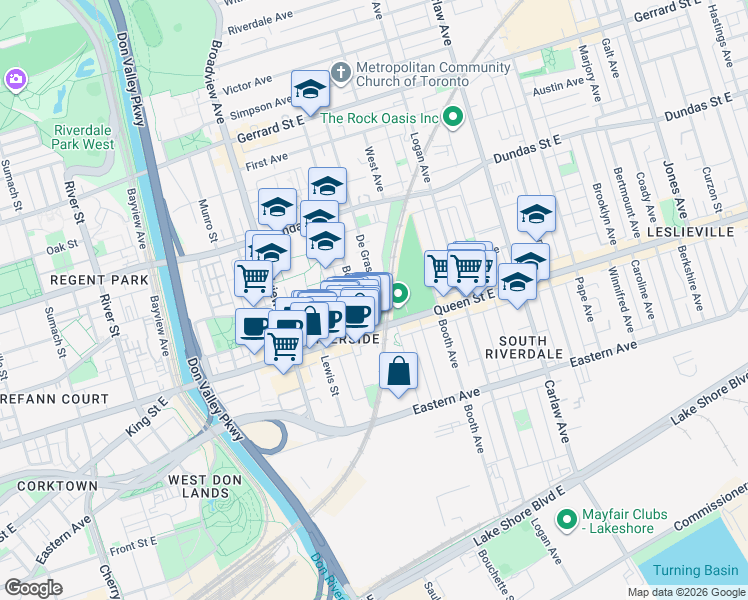 map of restaurants, bars, coffee shops, grocery stores, and more near 24 Degrassi Street in Toronto
