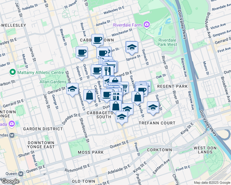 map of restaurants, bars, coffee shops, grocery stores, and more near 1 Oak Street in Toronto