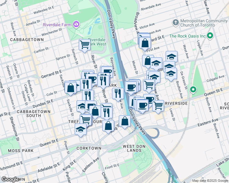 map of restaurants, bars, coffee shops, grocery stores, and more near 5 Defries Street in Toronto