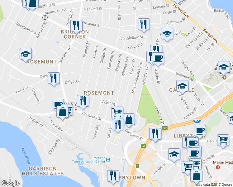 map of restaurants, bars, coffee shops, grocery stores, and more near 86 Whitney Avenue in Portland