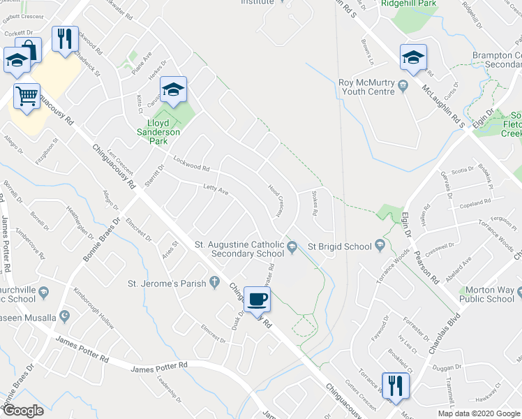 map of restaurants, bars, coffee shops, grocery stores, and more near 26 Lockwood Road in Brampton