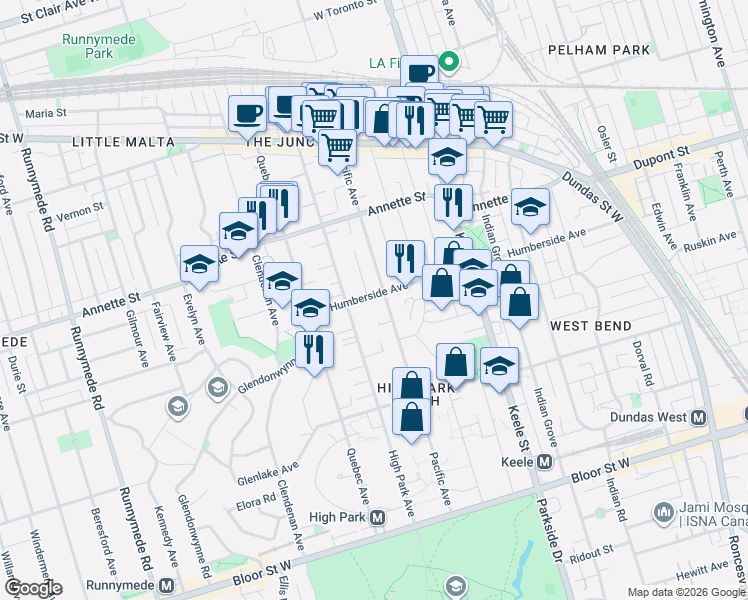 map of restaurants, bars, coffee shops, grocery stores, and more near 264 Pacific Avenue in Toronto