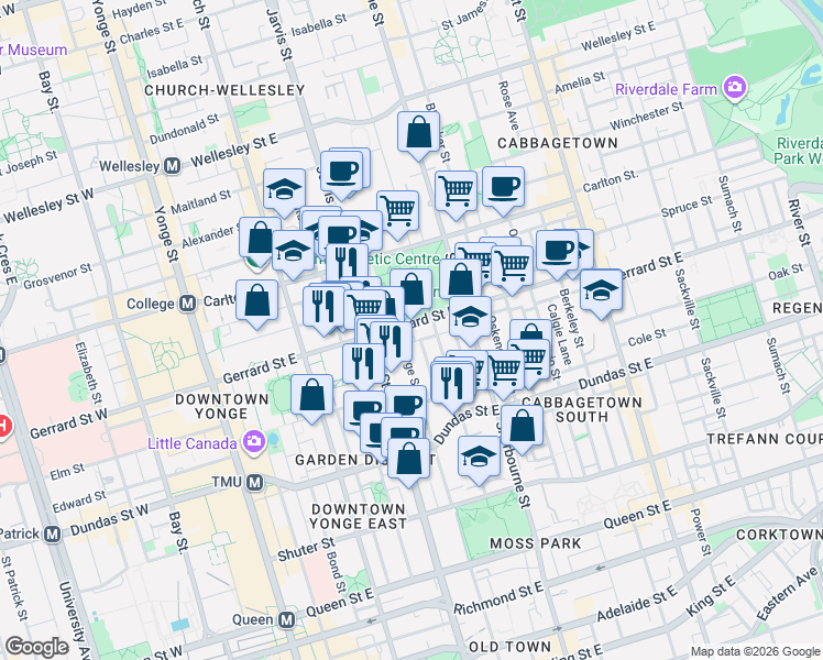 map of restaurants, bars, coffee shops, grocery stores, and more near 157 Gerrard Street East in Toronto
