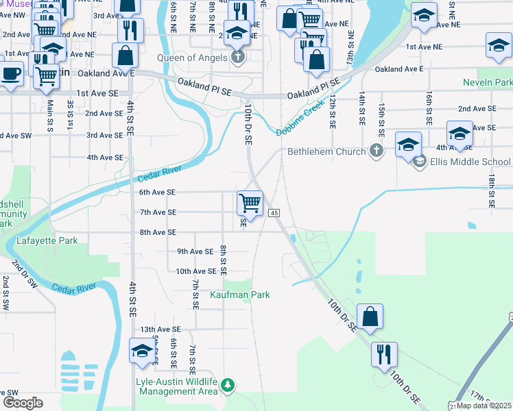 map of restaurants, bars, coffee shops, grocery stores, and more near 614 10th Street Southeast in Austin