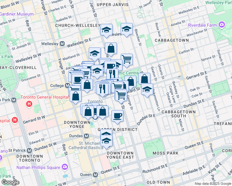 map of restaurants, bars, coffee shops, grocery stores, and more near 280 Jarvis Street in Toronto