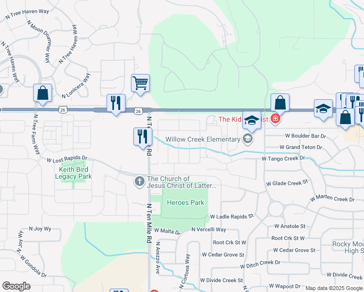 map of restaurants, bars, coffee shops, grocery stores, and more near 6144 North Santa Rita Avenue in Meridian