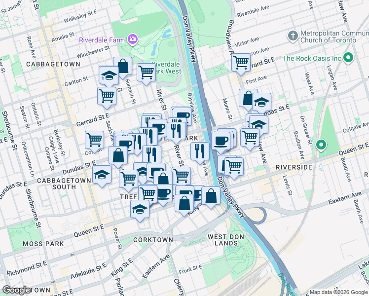 map of restaurants, bars, coffee shops, grocery stores, and more near 1 Mark Street in Toronto