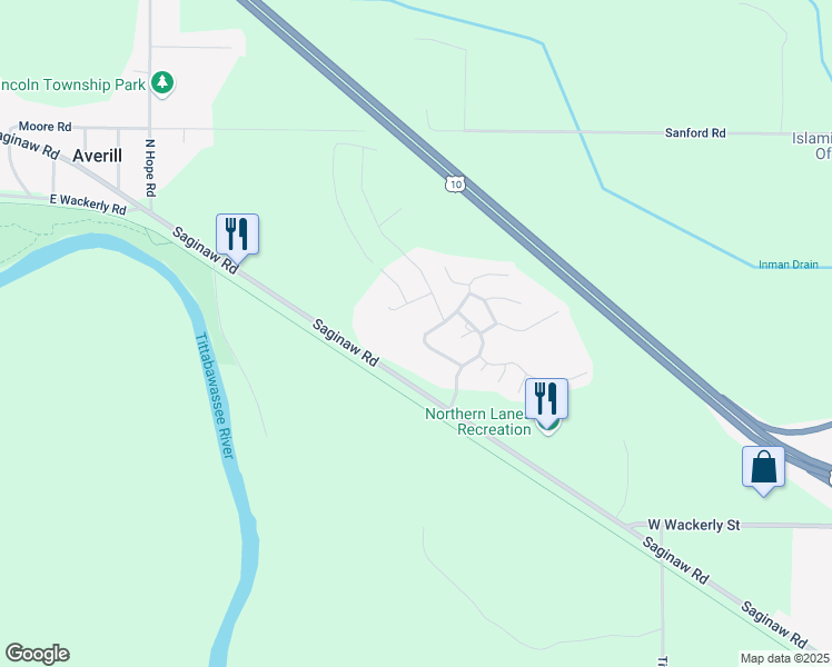 map of restaurants, bars, coffee shops, grocery stores, and more near 965 Saginaw Road in Sanford