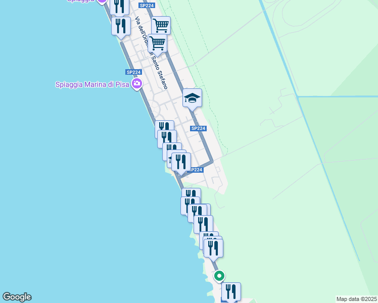 map of restaurants, bars, coffee shops, grocery stores, and more near 13b Via Girolamo Vecchiani in Marina di Pisa
