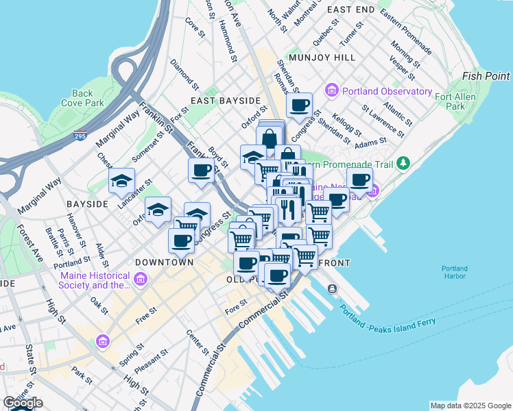 map of restaurants, bars, coffee shops, grocery stores, and more near 96 Federal Street in Portland