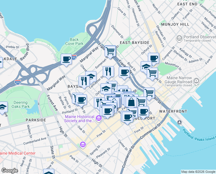 map of restaurants, bars, coffee shops, grocery stores, and more near in Portland