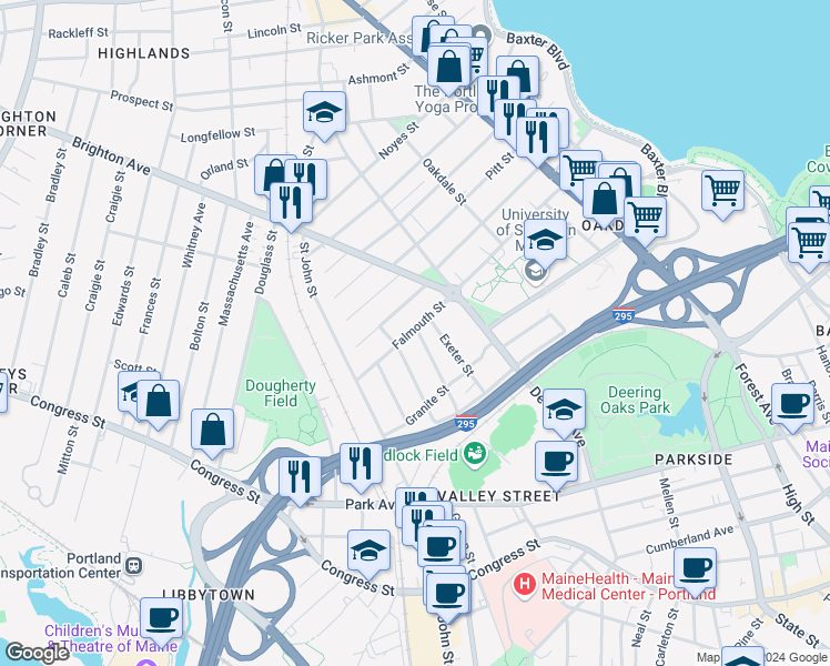 map of restaurants, bars, coffee shops, grocery stores, and more near 183 Falmouth Street in Portland