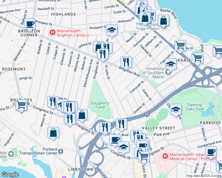 map of restaurants, bars, coffee shops, grocery stores, and more near 516 Saint John Street in Portland