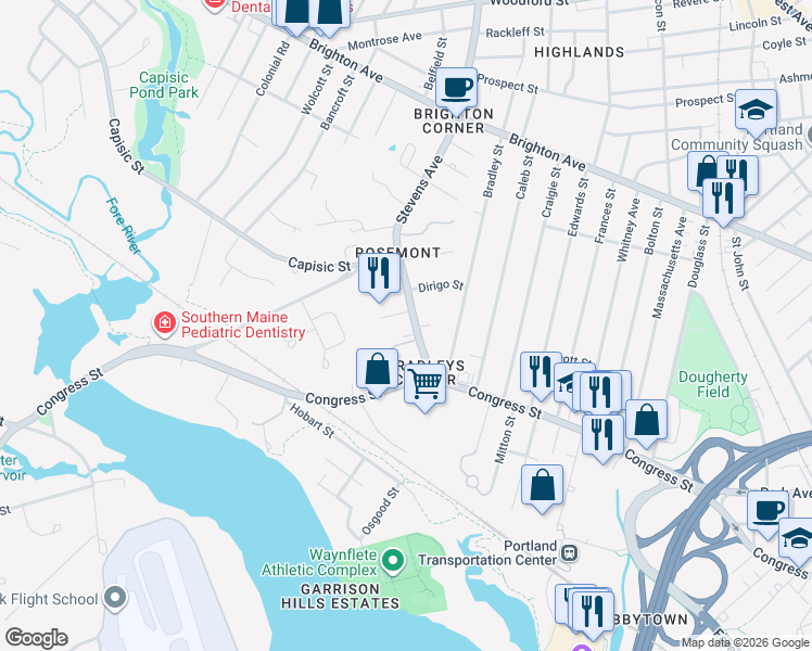 map of restaurants, bars, coffee shops, grocery stores, and more near 42 Stevens Avenue in Portland
