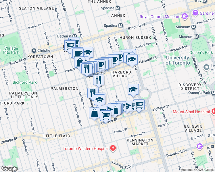 map of restaurants, bars, coffee shops, grocery stores, and more near in Toronto