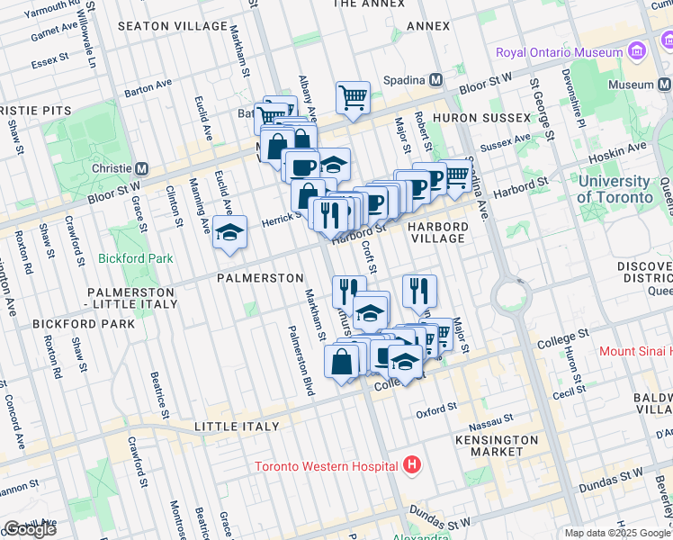 map of restaurants, bars, coffee shops, grocery stores, and more near in Toronto