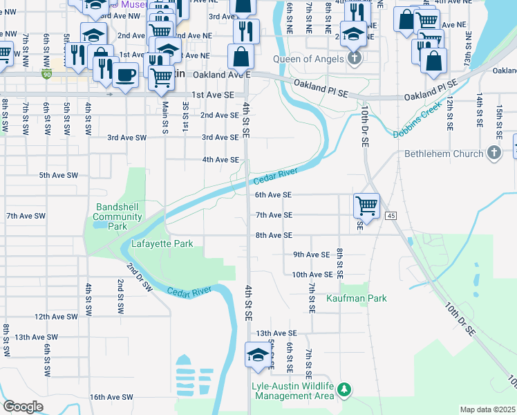 map of restaurants, bars, coffee shops, grocery stores, and more near 601 7th Avenue Southeast in Austin